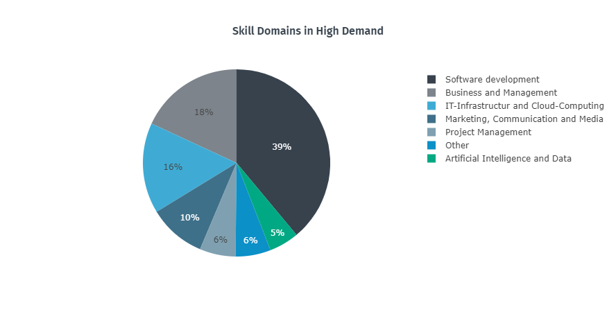 Top six demanded skills on IT tenders: software development, business & management, IT infrastructure & cloud-computing, Marketing, communication & media, project management, and artificial intelligence.